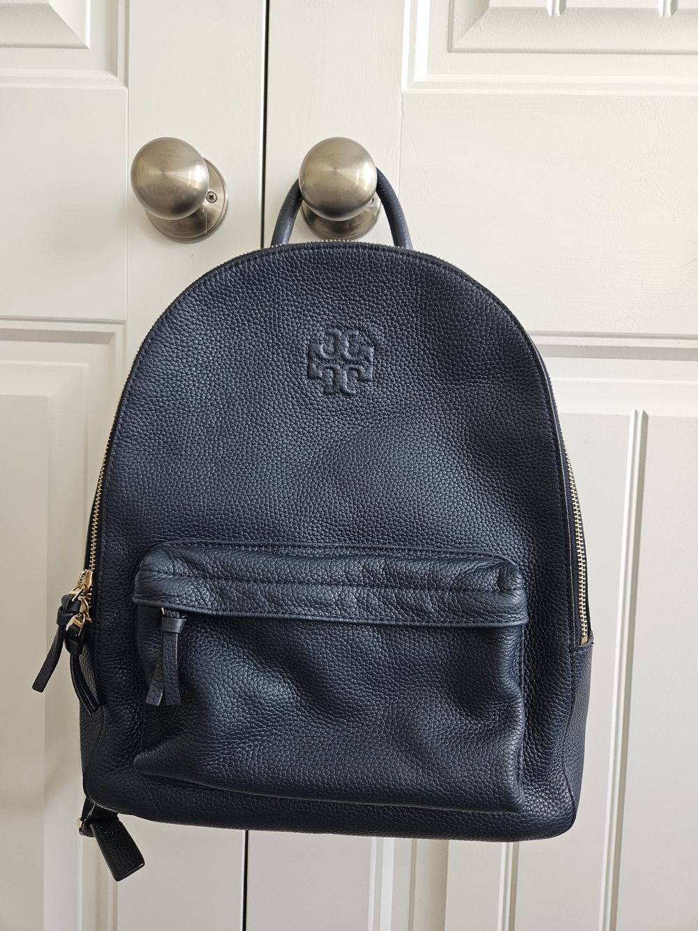 Tory Burch Navy Leather Backpack - Classic Pebbled Daypack & Sailboat Charm
